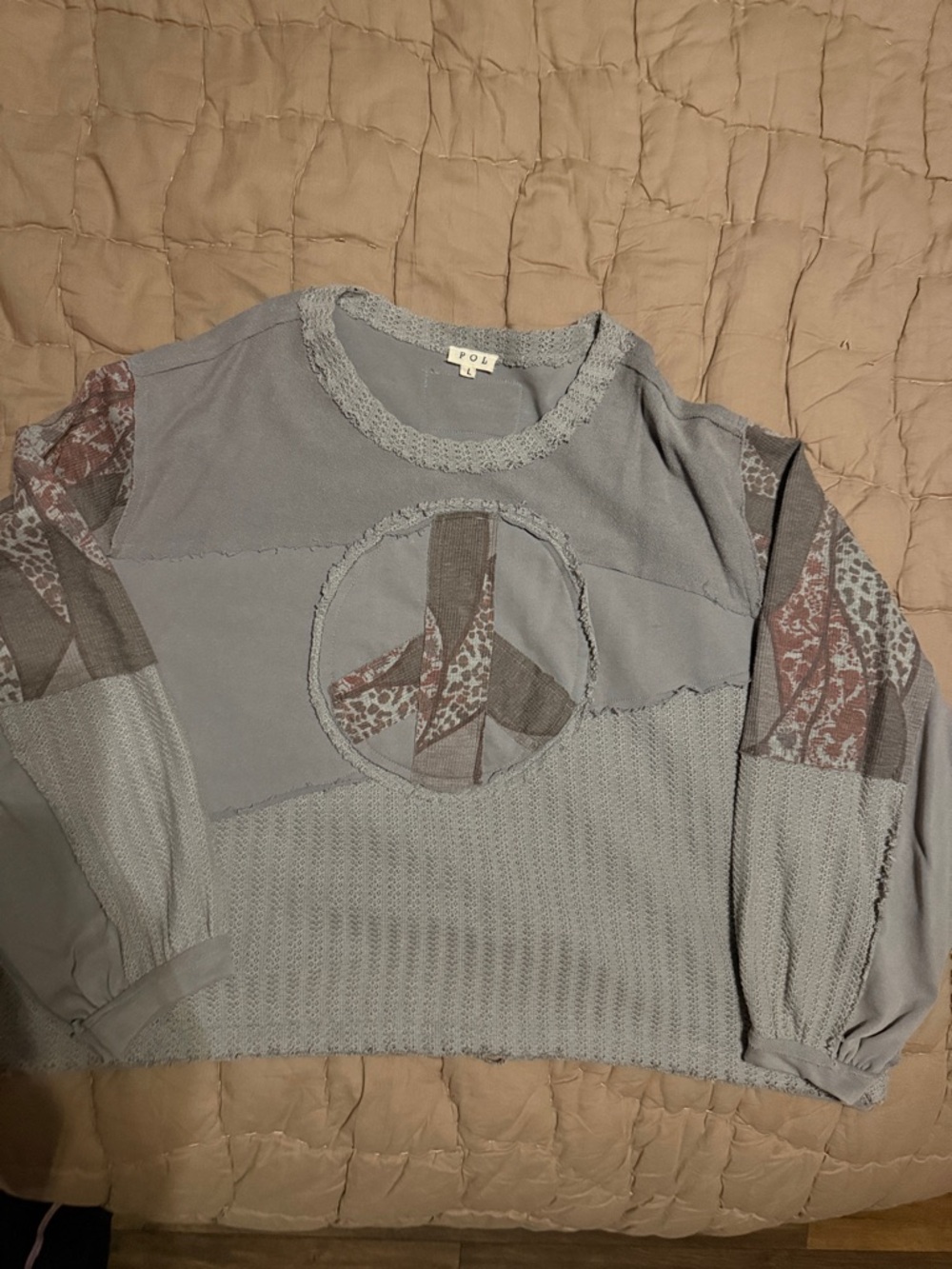 POL Dusty Blue Peace Patchwork Pullover